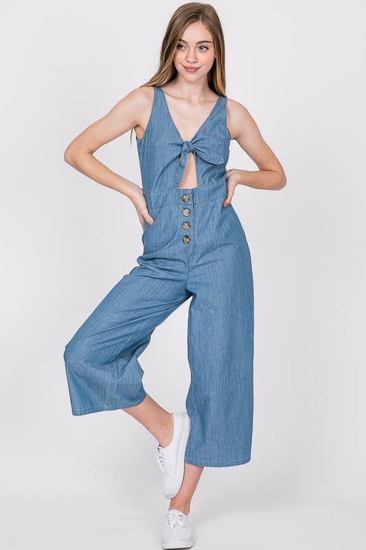 Retro Chic Chambray Tie-Front Jumpsuit