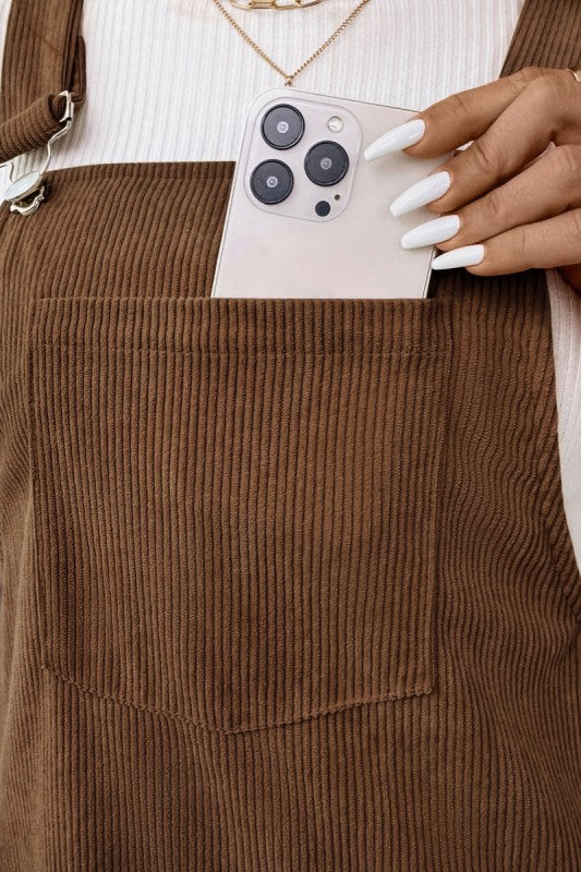 Corduroy Pinafore Mini Dress With Front Pocket