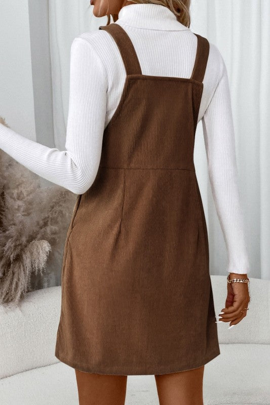 Corduroy Pinafore Mini Dress With Front Pocket