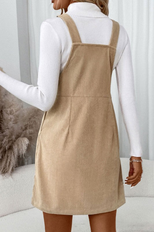 Corduroy Pinafore Mini Dress With Front Pocket