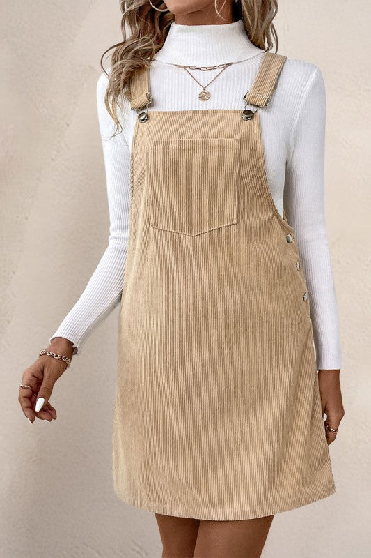 Corduroy Pinafore Mini Dress With Front Pocket