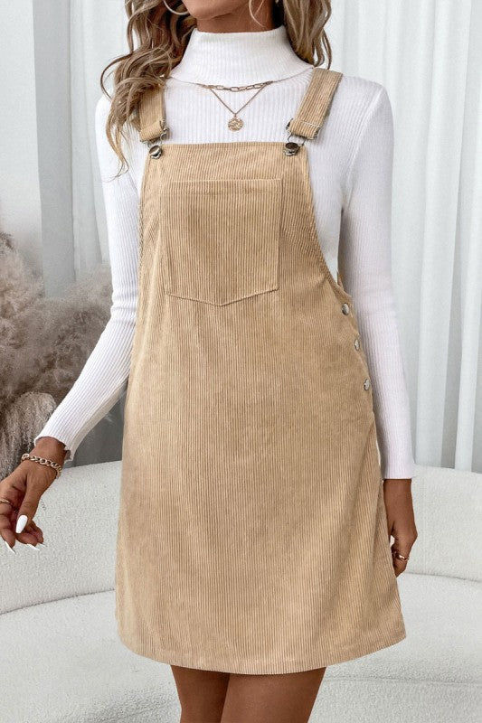 Corduroy Pinafore Mini Dress With Front Pocket
