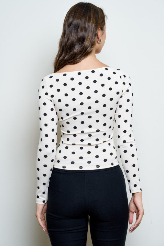 Polka Dot Boat Neck Long Sleeve Knit Top