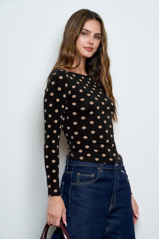 Polka Dot Boat Neck Long Sleeve Knit Top