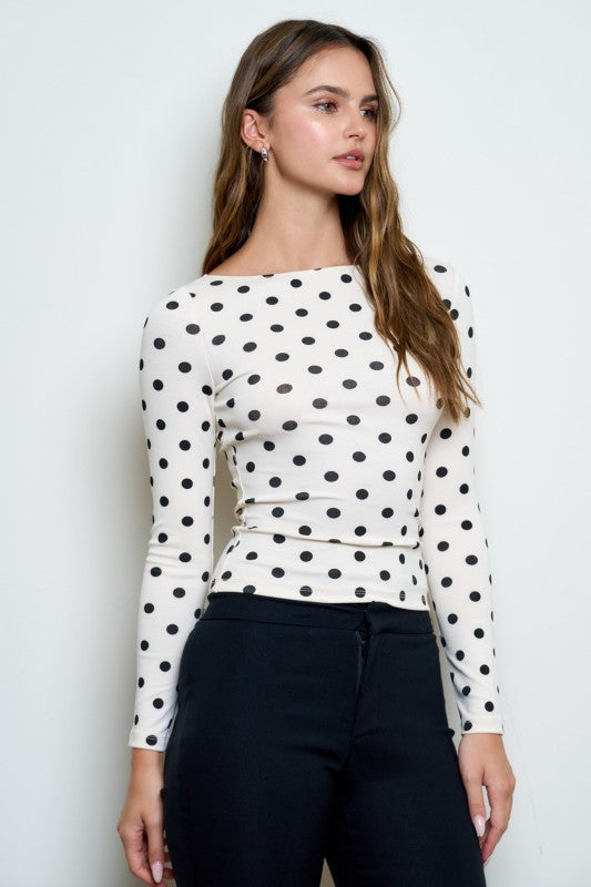 Polka Dot Boat Neck Long Sleeve Knit Top