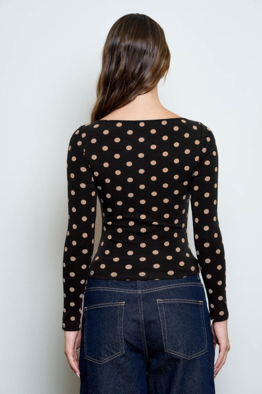 Polka Dot Boat Neck Long Sleeve Knit Top
