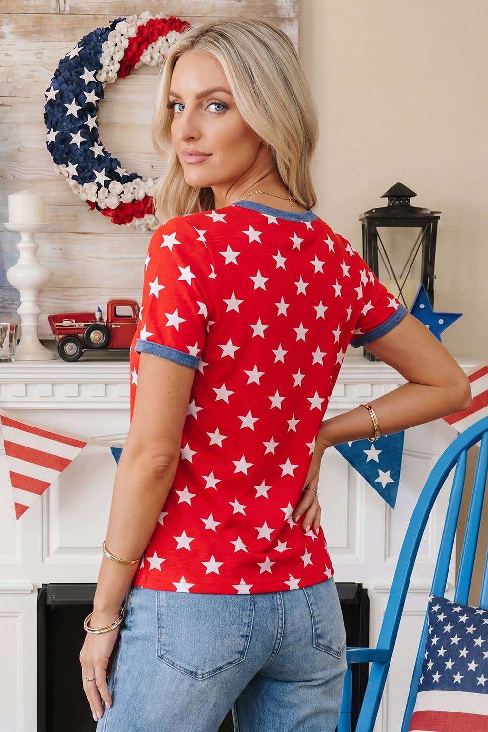 Stars Print Colorblock Tape Collar Viscose Tunic Top
