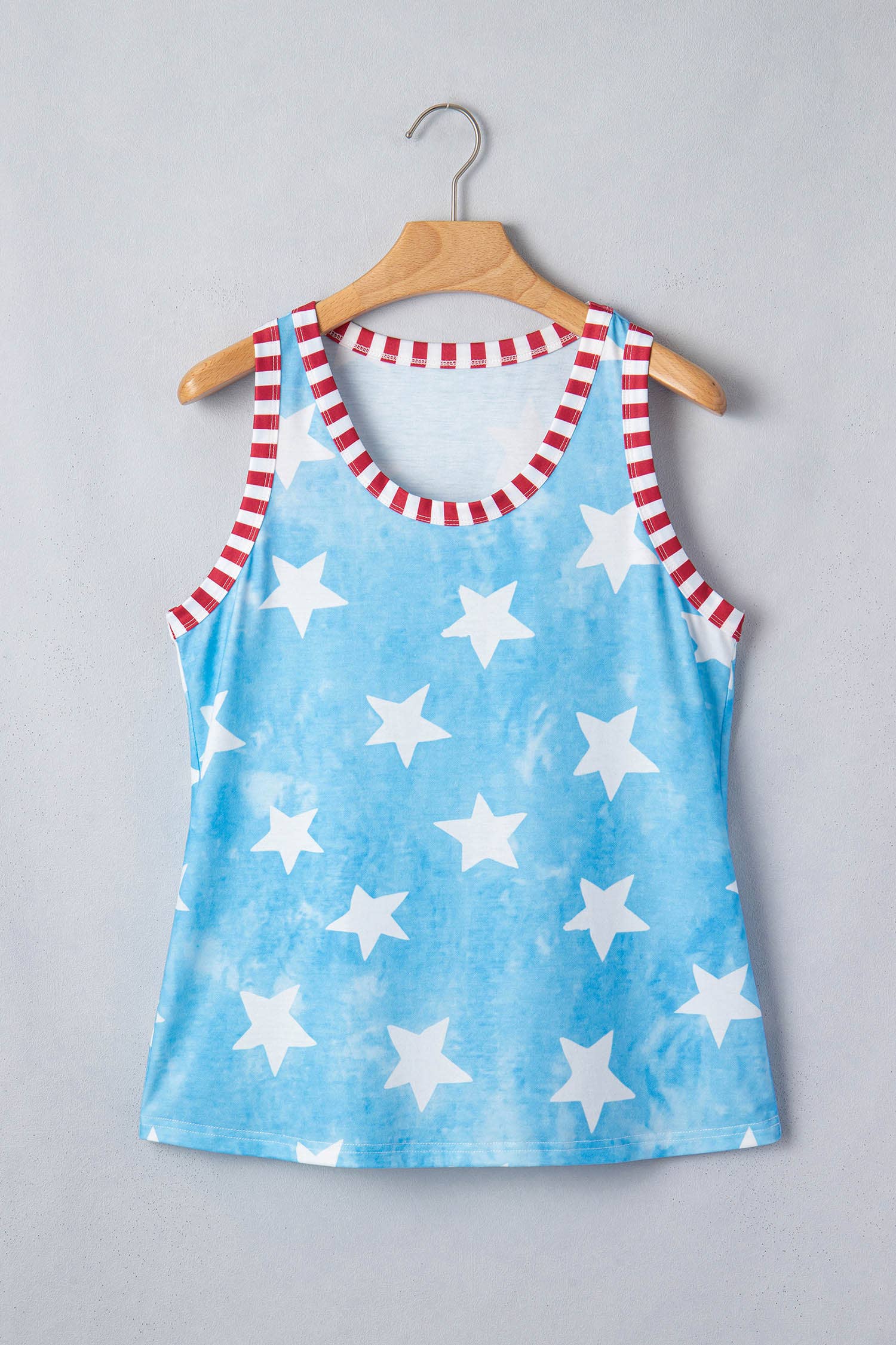 Tie Dye Star Print Striped Trim Round Neck Tank Top