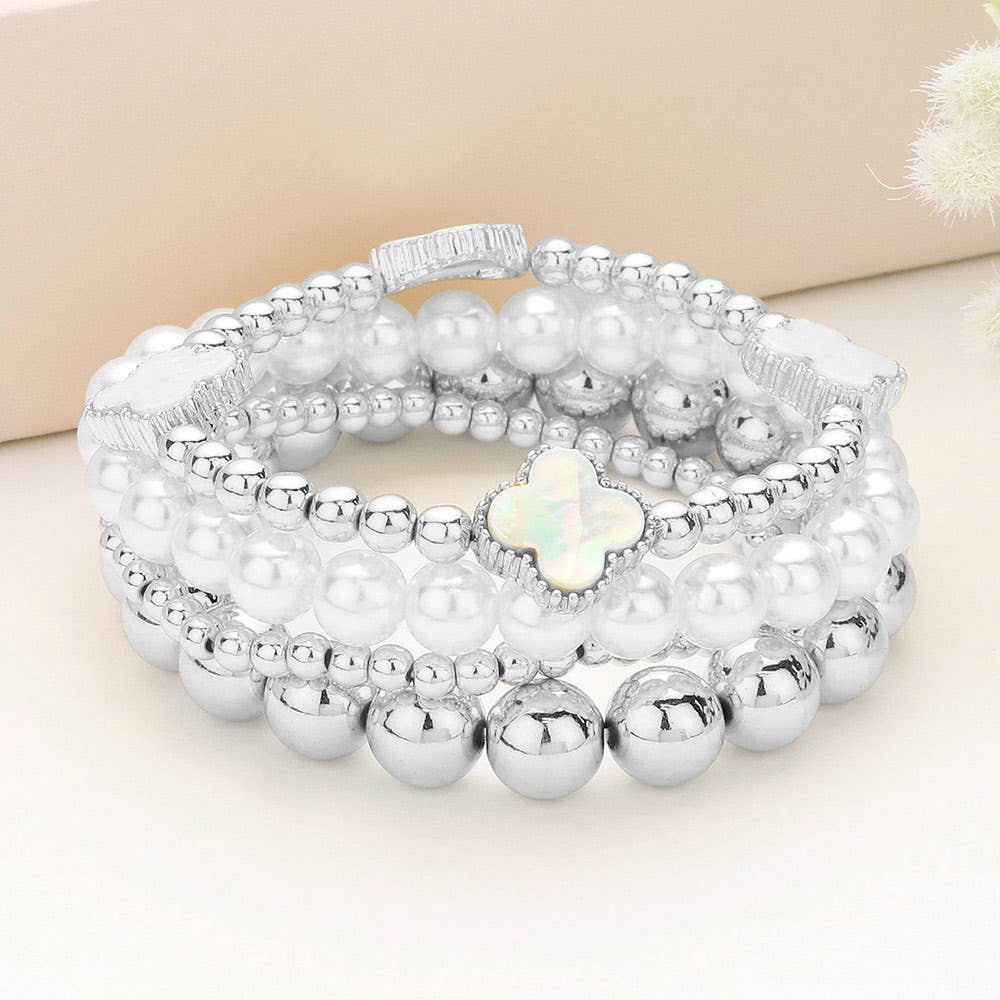 4PCS - Quatrefoil Metal Ball Pearl Stretch Multi Bracelet