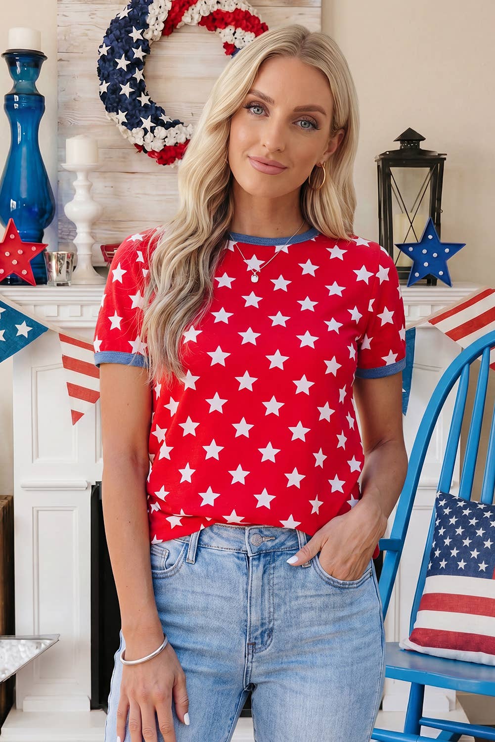 Stars Print Colorblock Tape Collar Viscose Tunic Top