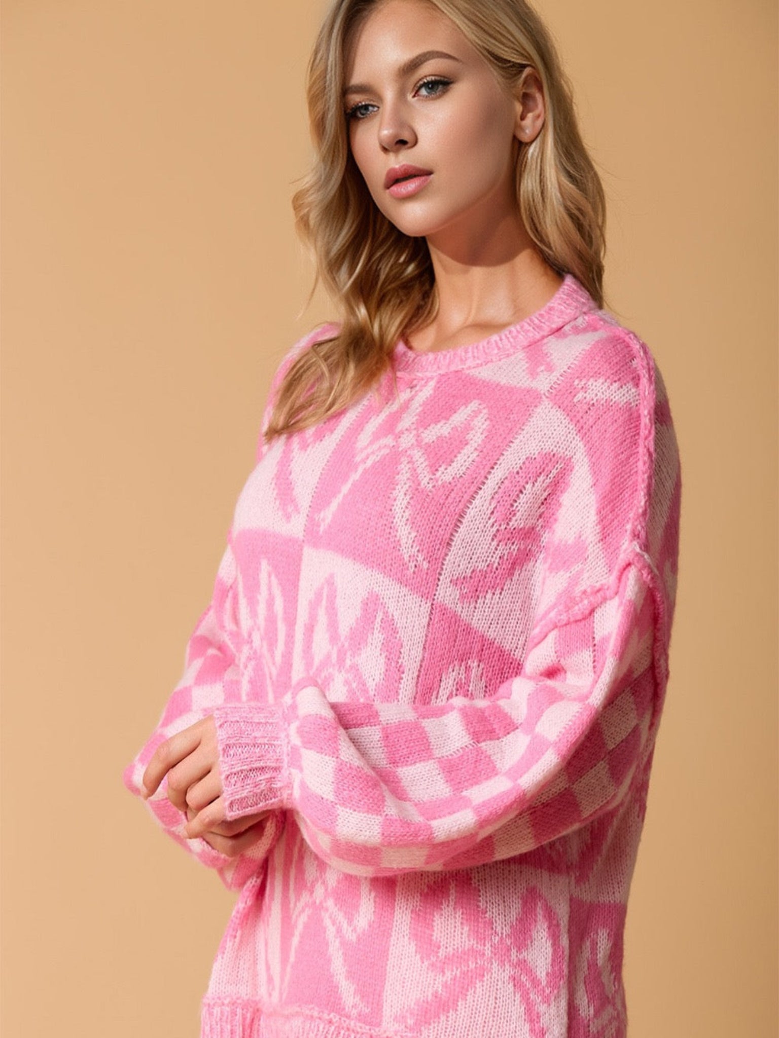 Full Size Checkered Bow Contrast Long Sleeve Sweater