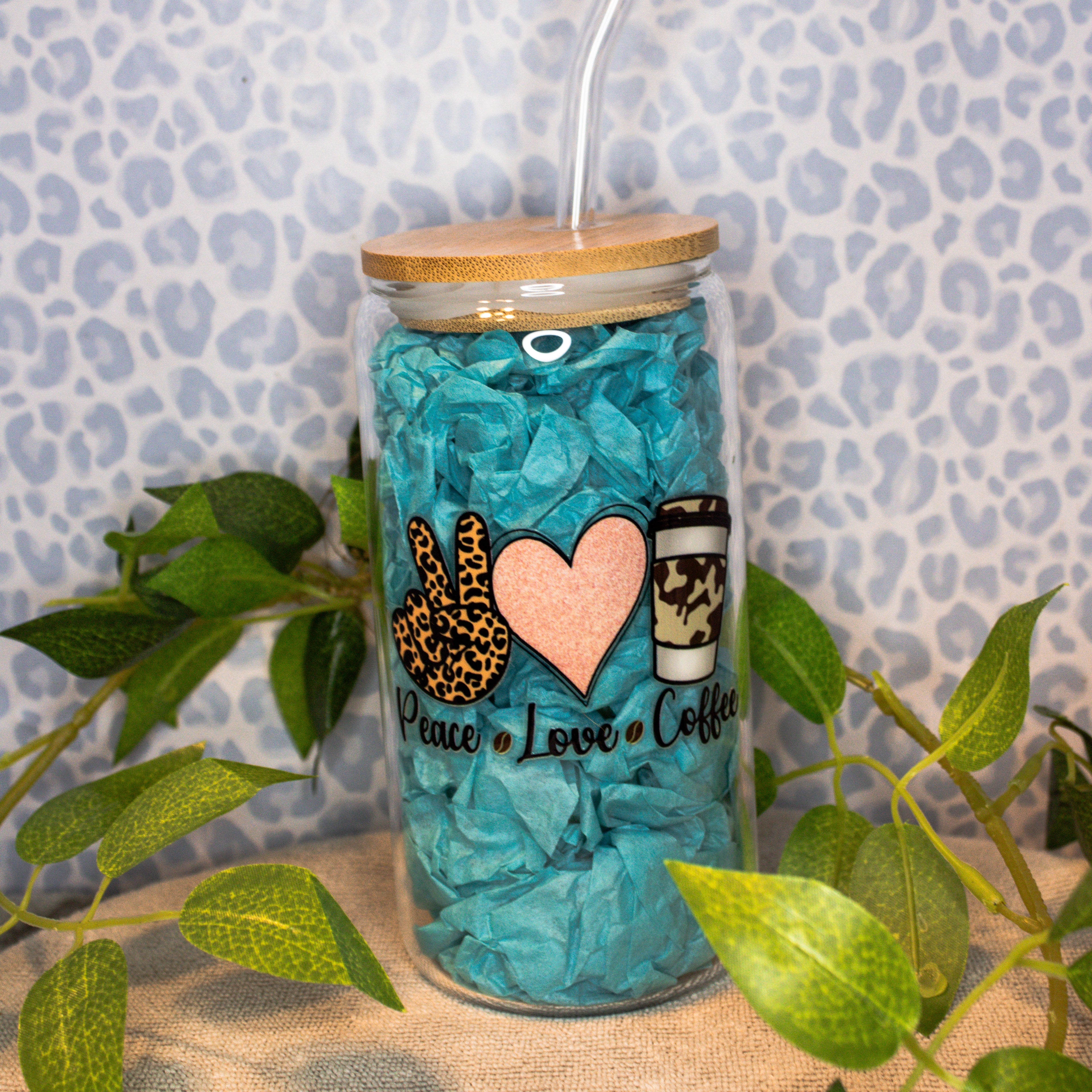 "Peace. Love. Coffee" Glass Tumbler Cup