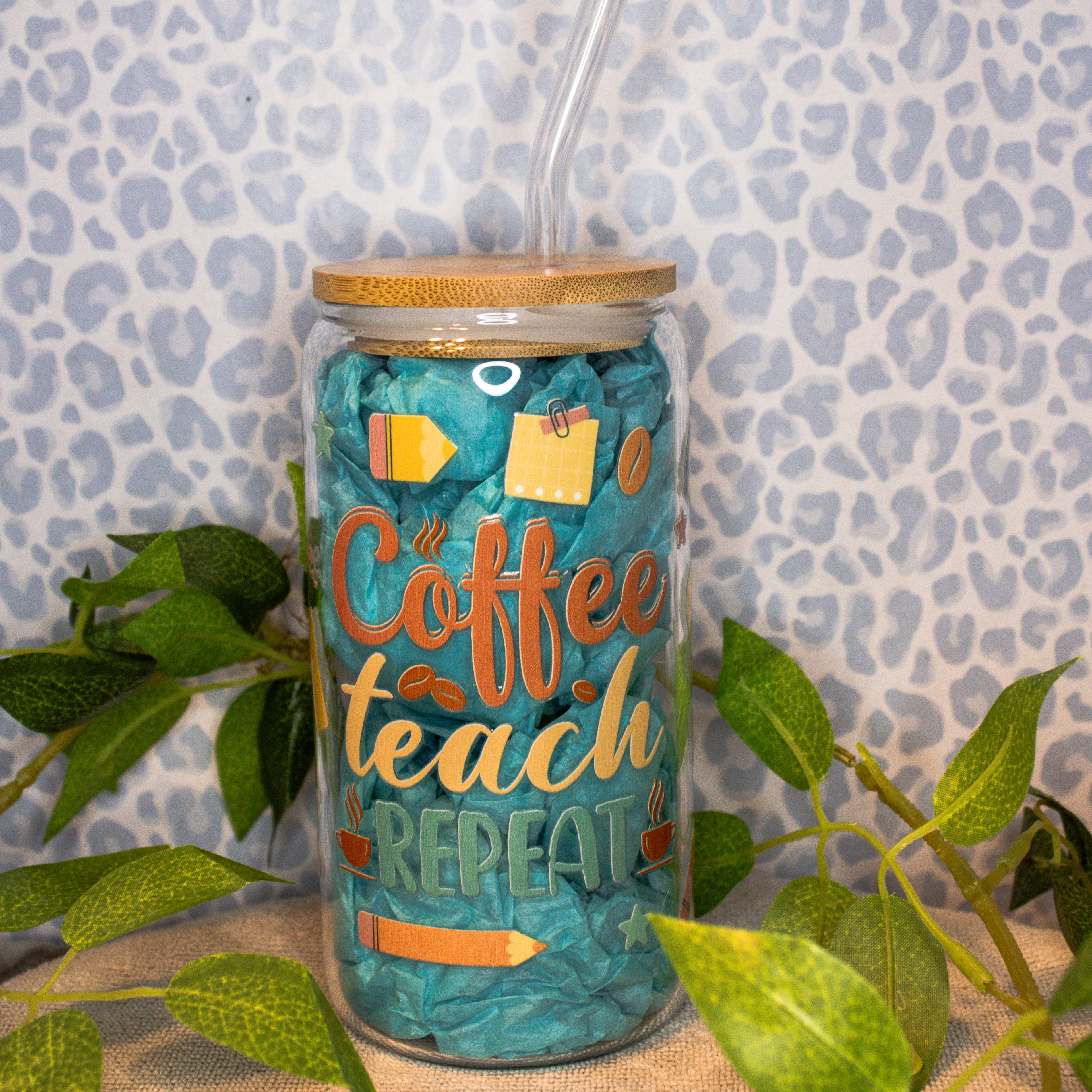"Coffee, Teach, Repeat" Glass Tumbler Cup