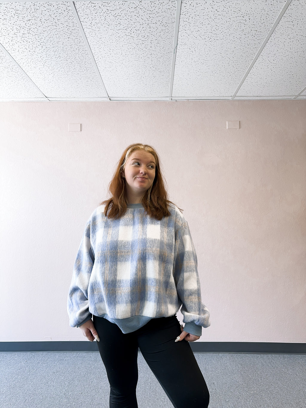 Blue Plaid Crew Neck