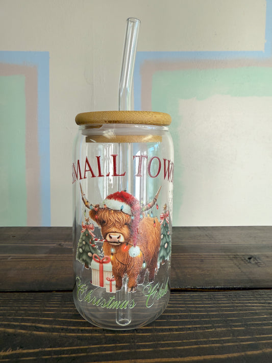 Small Town Christmas Cow Glass Tumbler