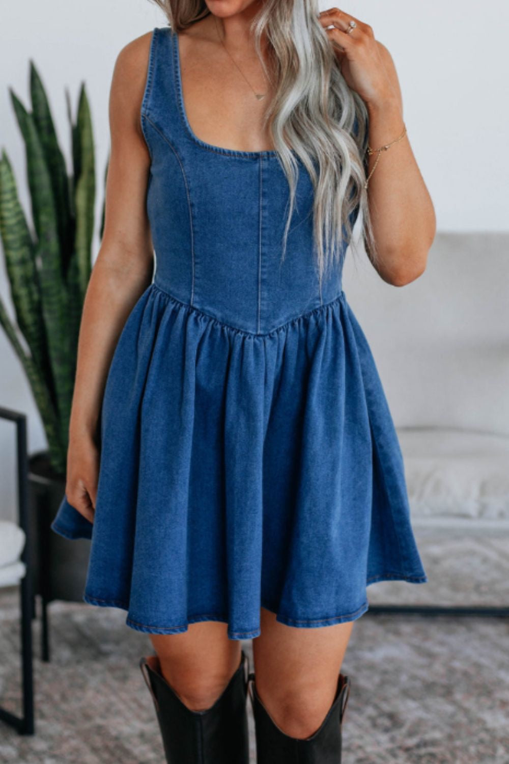 PREORDER: Chloe Back Bow Denim Skater Dress