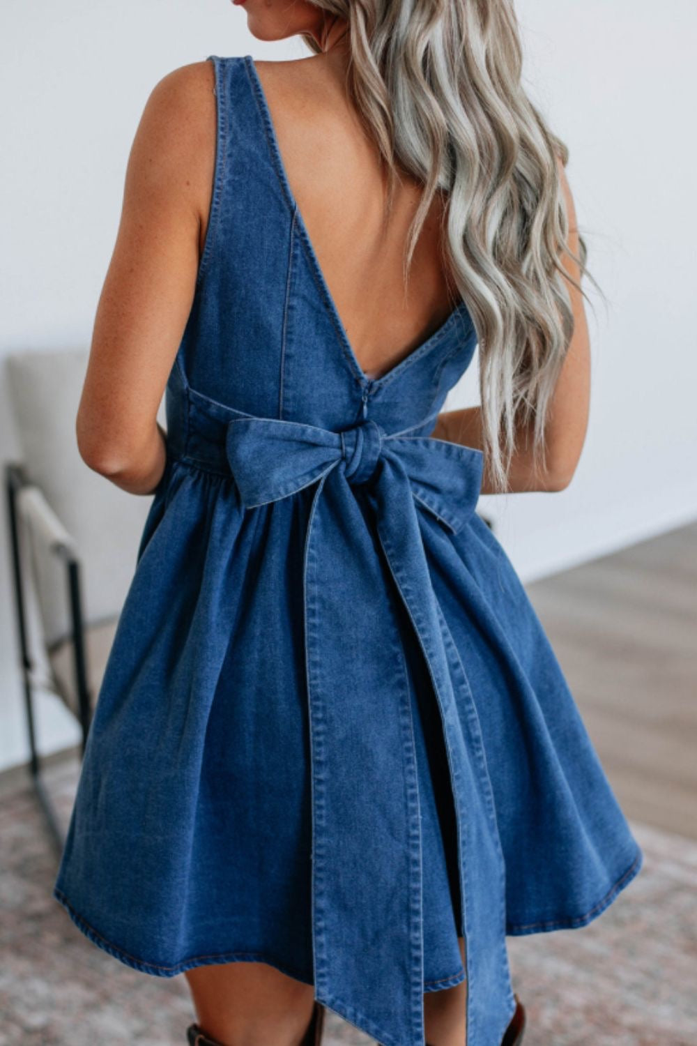 PREORDER: Chloe Back Bow Denim Skater Dress