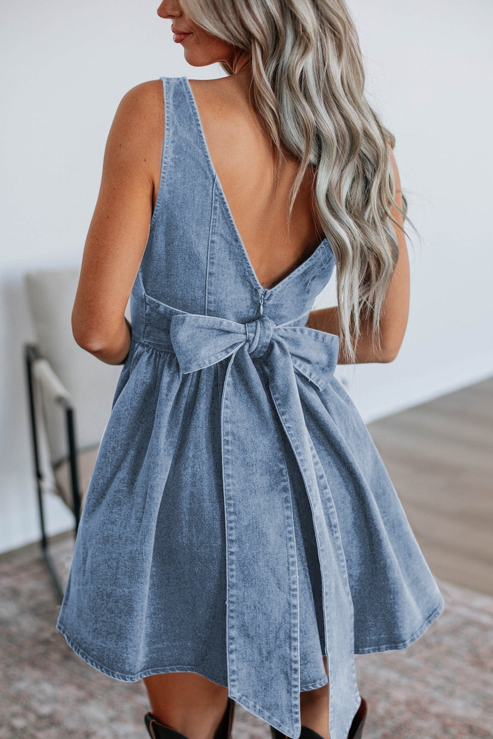 PREORDER: Chloe Back Bow Denim Skater Dress