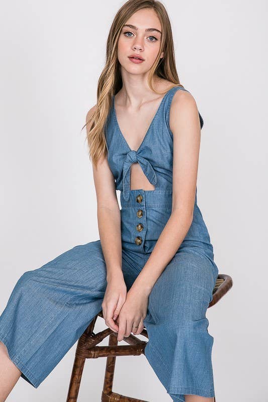 Retro Chic Chambray Tie-Front Jumpsuit