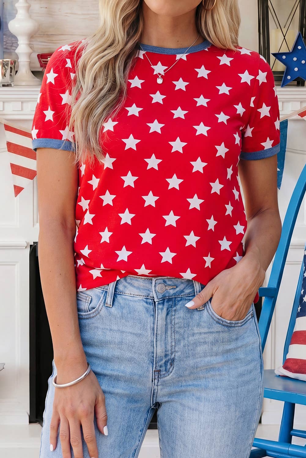 Stars Print Colorblock Tape Collar Viscose Tunic Top